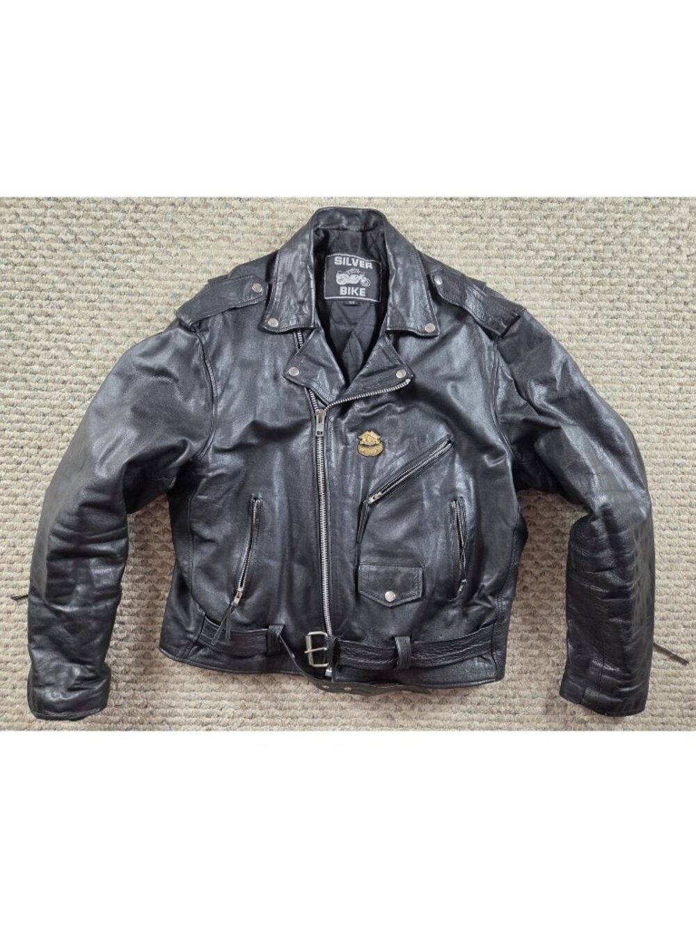 Silver Bike Black Bomber Motorcycle Leather Jacket Vintage Size 48 XL Harley Pin